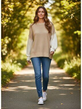 American Eagle Womens Colorblock Knit Sweater Beige White M 100% Cotton Casual